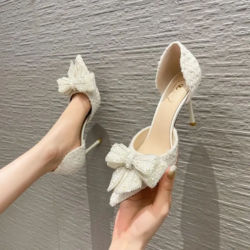 White Pearl Bowknot Women Pumps Sexy Pointed Toe High Heels Wedding Prom Shoe PVC Transparent Sandal Female
