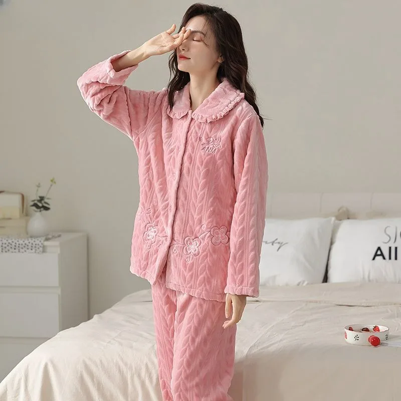 Flannel Pajamas Autumn Winter Women Cardigan Loose Velvet Thickened Homewear Female Warm Large Size Coral Fleece Sleepwear Sets