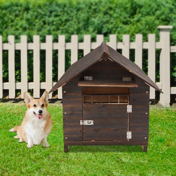 Pet Dog House With Window and Door, Welsh Corgi French Bulldog, Outdoor Garden Solid Wood Breathable Courtyard Puppy Villa Patio 4