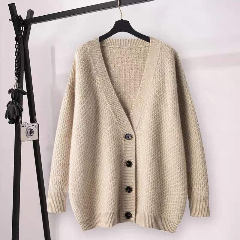 Zima 2022 Nowy 100% Czysty Wełniany Sweter Kobiet V-Neck Solid Color Luźne Kaszmirowe Sweter Kurtka Zagęszczony