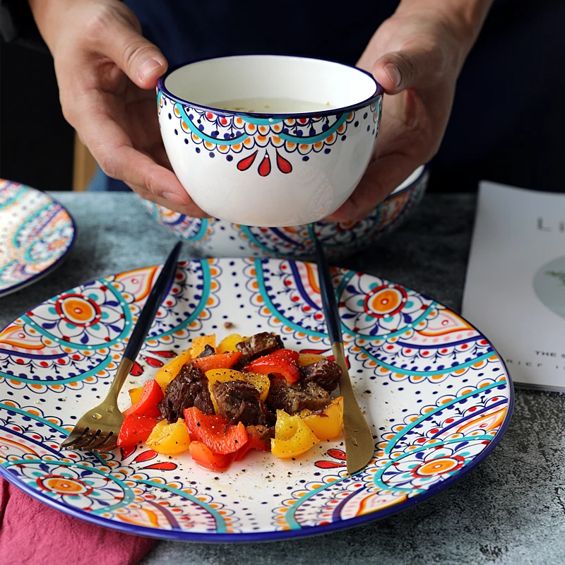 

Creative ceramic tableware ethnic style household tableware rice bowl vegetable plate steak plate hand-painted deep plate