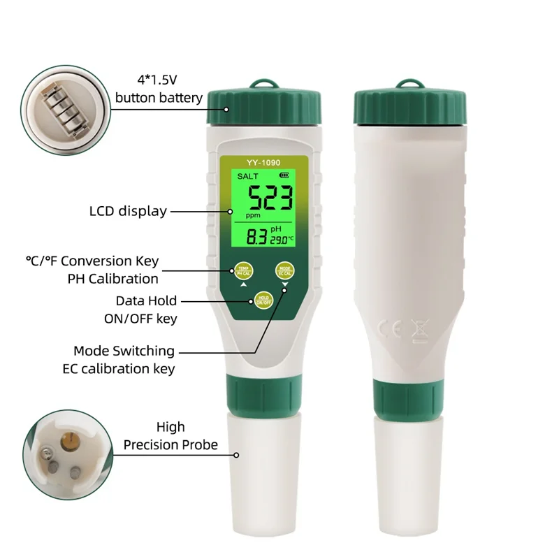 Hot Selling-5 In 1 PH/EC/TDS/Salt/Temp PH Meter Swimming Pool Salinity Tester For Drinking Water Aquarium Aquaculture Sp,5 In 1