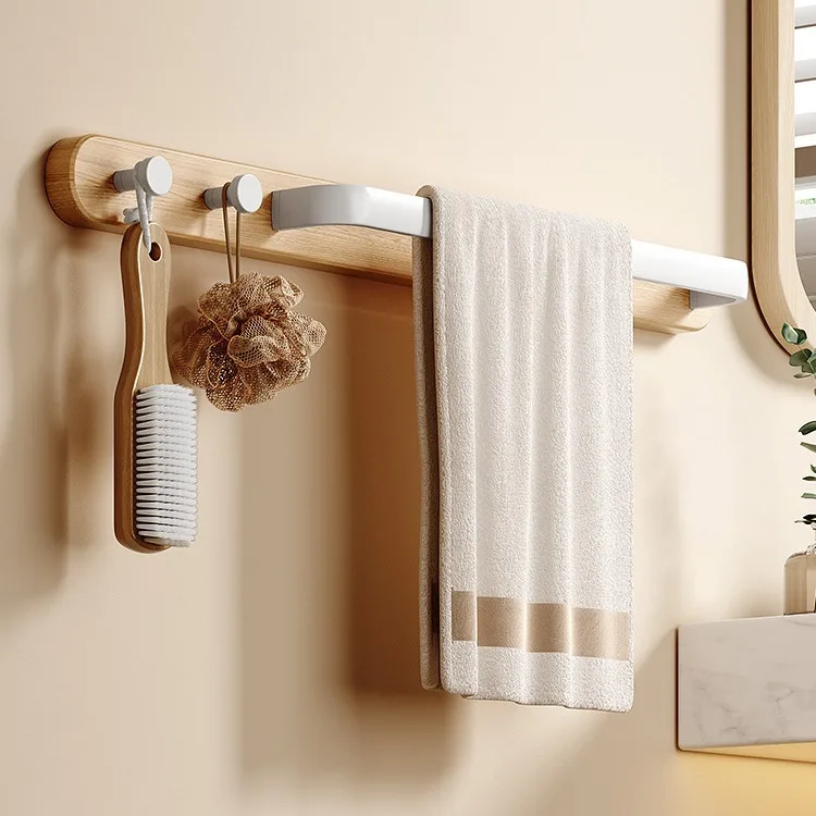 HeMu Towel rack without punching toilet rack bathroom with hook bath towel space aluminum hook wood towel rod