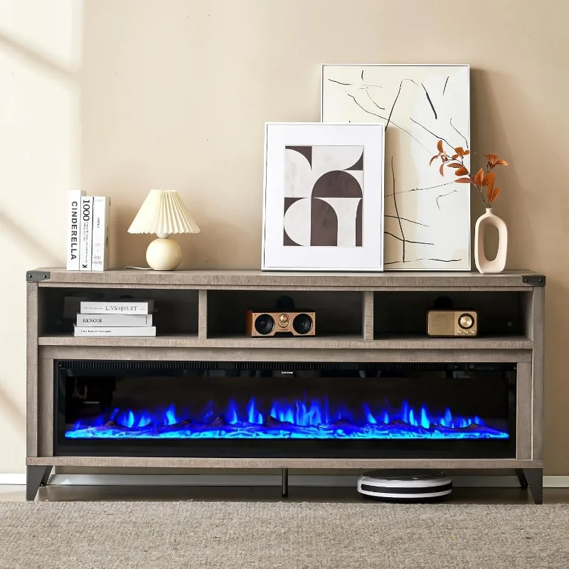 65Fireplace TV Stand with 60Glass Electric Fireplace, Industrial & Farmhouse Media Entertainment Center with Open Shelve Storage