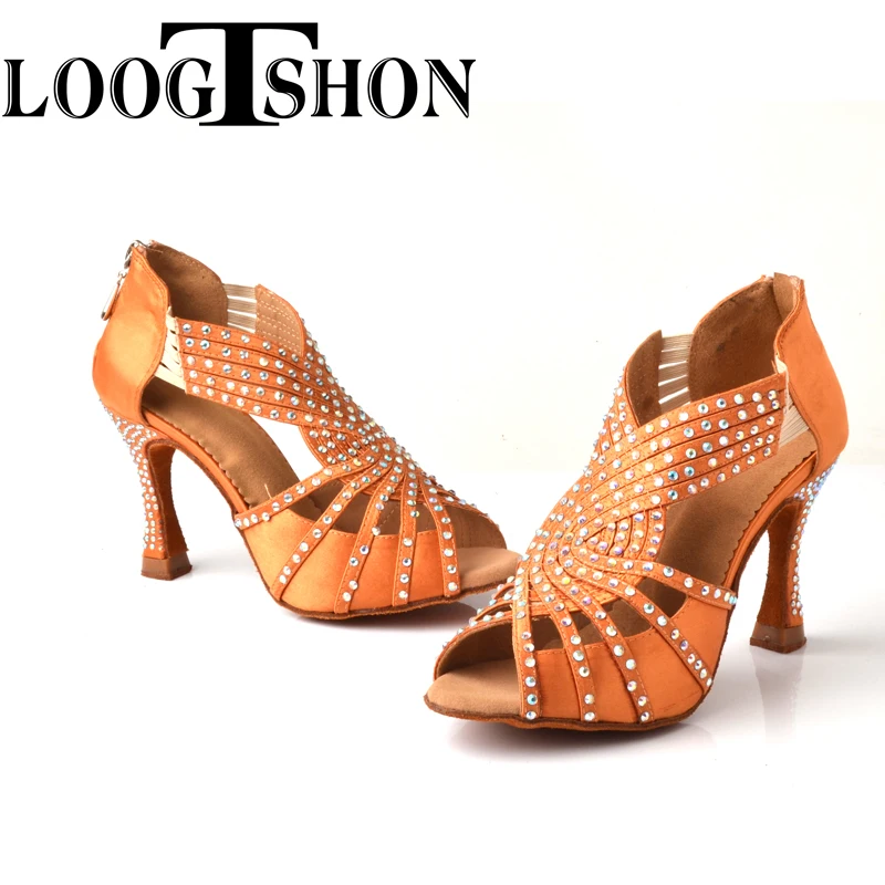 Loogtshon  Pearl Rhinestone Professional Latin Dance Heel 9CM Pink Black Lady Dance Shoes Soft Samba Rumba Cha Cha Dancing Shoes