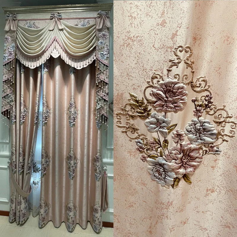 

Pink European-style High-grade Thickened Chenille Jacquard Relief Embroidery Curtains for Living Dining Room Bedroom Room Decor