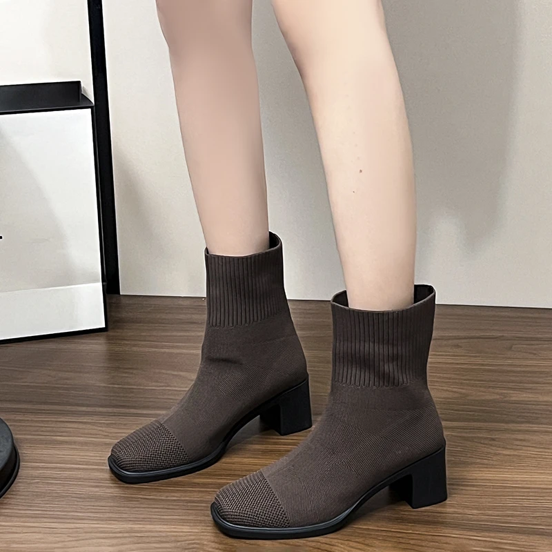 Fall and Winter Retro Square-toe Woven Women's Stretch Boots Simple Square-toe Chunky Heel Short Boots Women's Boots Size 35-41