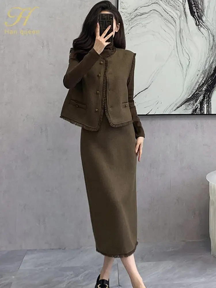 

H Han Queen 2023 Autumn Winter Korean 3 Pieces Set Women Undershirt + Vest And Long Skirts Casual Simple Office Lady Skirt Set