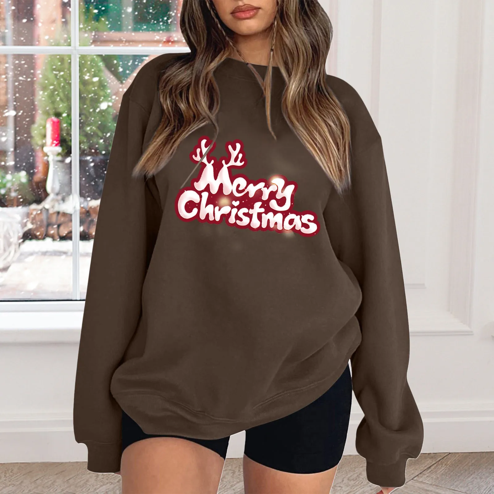 

Christmas Printed Hoodies Long Sleeve Sweatshirt Xmas Red Print Hooded Pullover Tops Korean Oversize Sueter Athletic Ladies Top