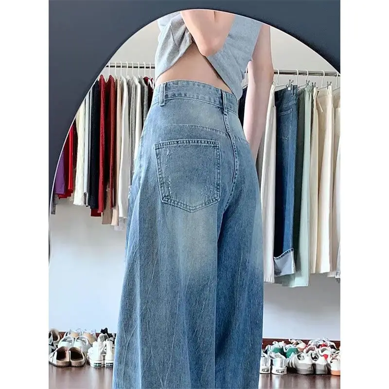Jean en denim bleu rétro américain grande taille pour femme, nouvelle collection été, taille haute, coupe ample et droite, pantalon long fin