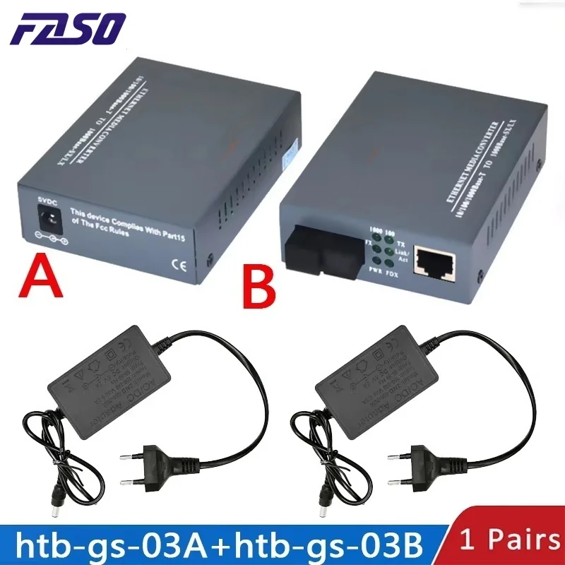 FASO 1쌍 기가비트 광섬유 미디어 컨버터 HTB-GS-03 A&B 1000Mbps 단일 모드 단일 광섬유 SC 포트 외부 전원 공급 장치