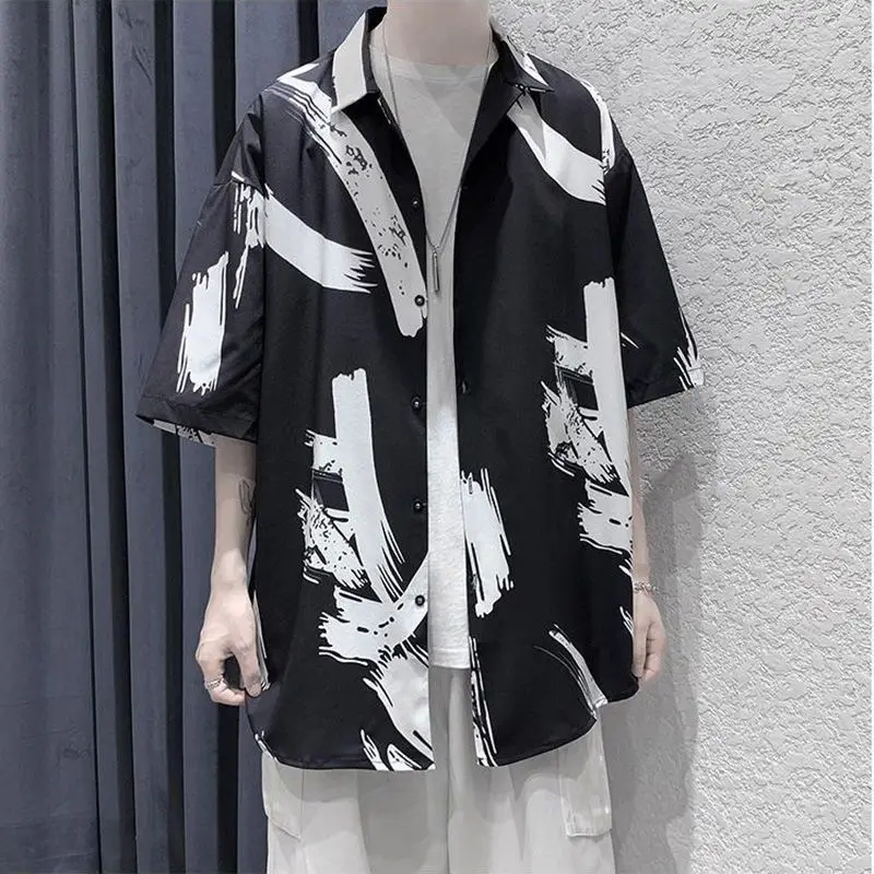 

E-BAIHUIPrint Shirts for Men Spring Summer Lapel Casual Man Blouse Hawaiian White Short Sleeve Contrasting Colors Blusas Tops