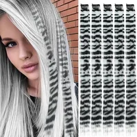 Extensions capillaires synthétiques colorées à clips imprimés à rayures, postiches lisses de 18 pouces pour usage quotidien et fête 5
