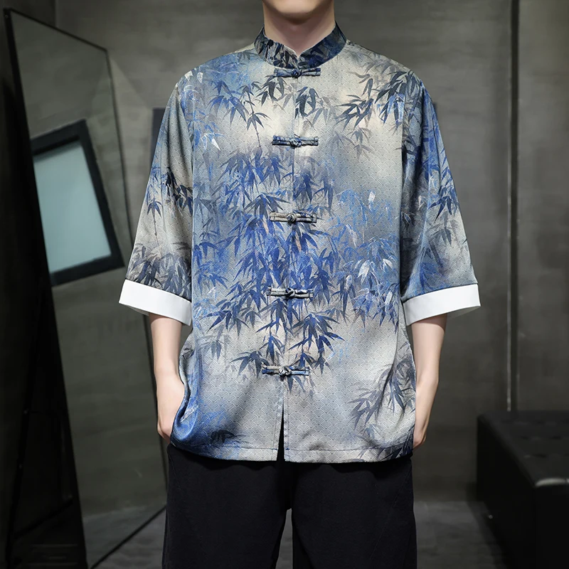 

Рубашка мужская с воротником-стойкой, летняя Свободная рубашка из вискозы контрастных цветов, винтажная рубашка Hanfu в китайском стиле с пряжкой и циферблатом, 2024