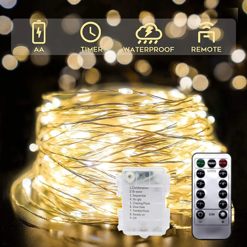 

LED Fairy Lights Battery Operated Remote Copper Wire Light Garland Christmas Wedding Party String Lights For Home Decoration 20M