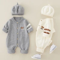 AYNIGIELL Autumn Newborn Baby Jumpsuit Hat 2-piece Set, Korean Version 0-18 Months Newborn Pure Cotton Outdoor Clothing Set