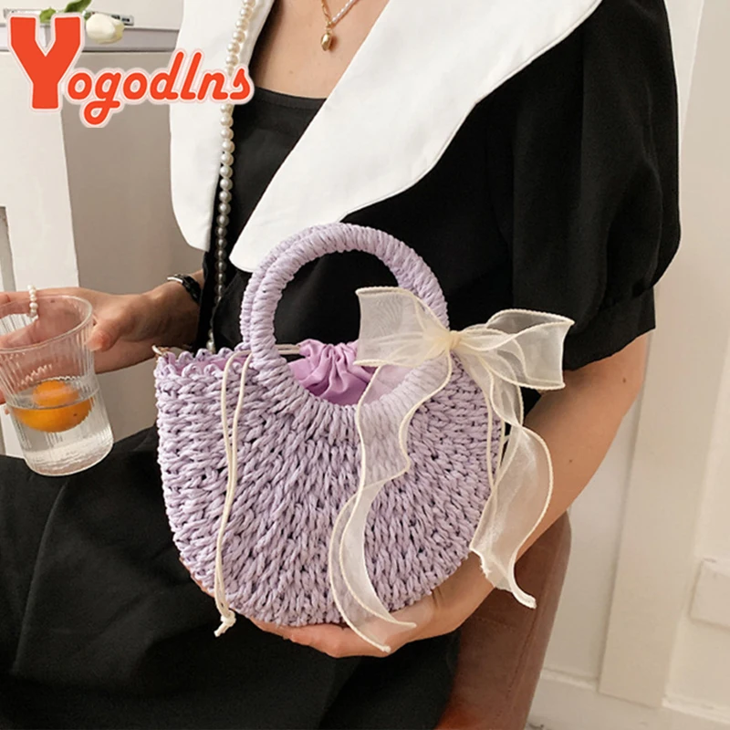 Bow Straw Bag For Women Pearl Strap Lady Beach Bag Woven Handmade Shoulder Bag Bohemia Top-handle Bag Ladies Baskets