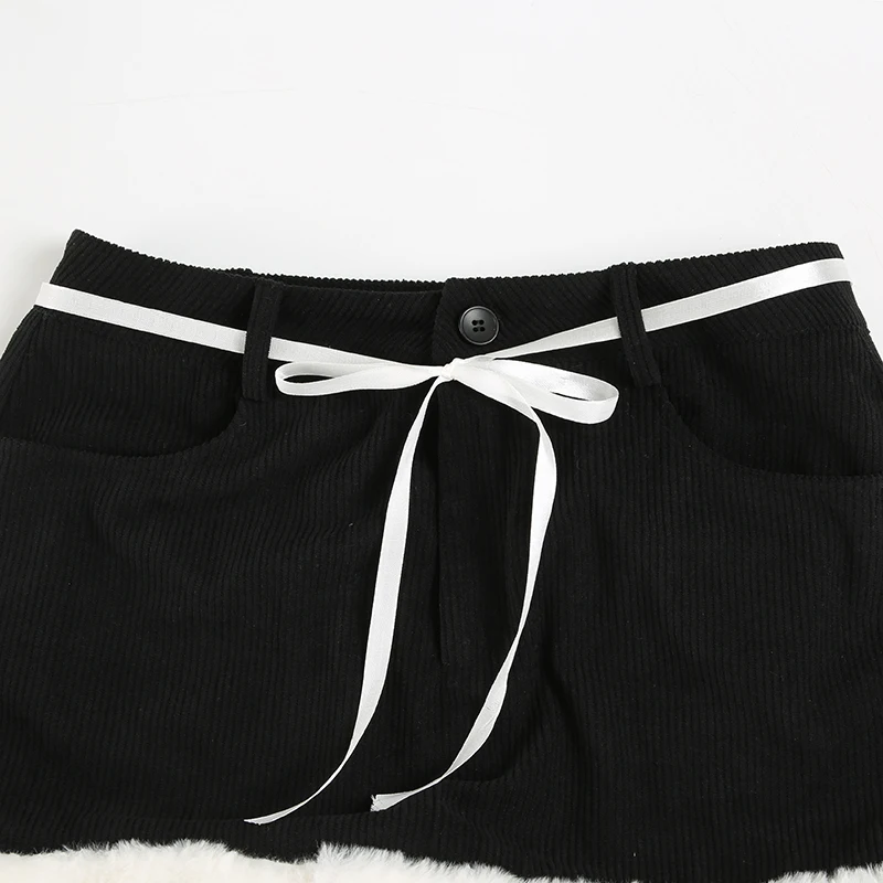 Hotsweet Black Mini Skirt Women Autumn New Y2k Clothing Bow Lace Up Faux Trim Corduroy Skirt Fashion All-Match
