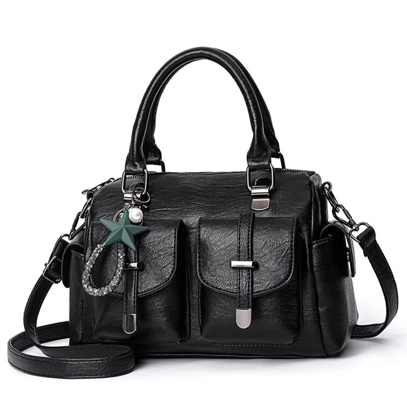 

Female Boston Bag New Fashion Handbag Soft Leather Large Capacity Mother Bag Retro Women'S Shoulder Bag Multi-Pocket Female Bag