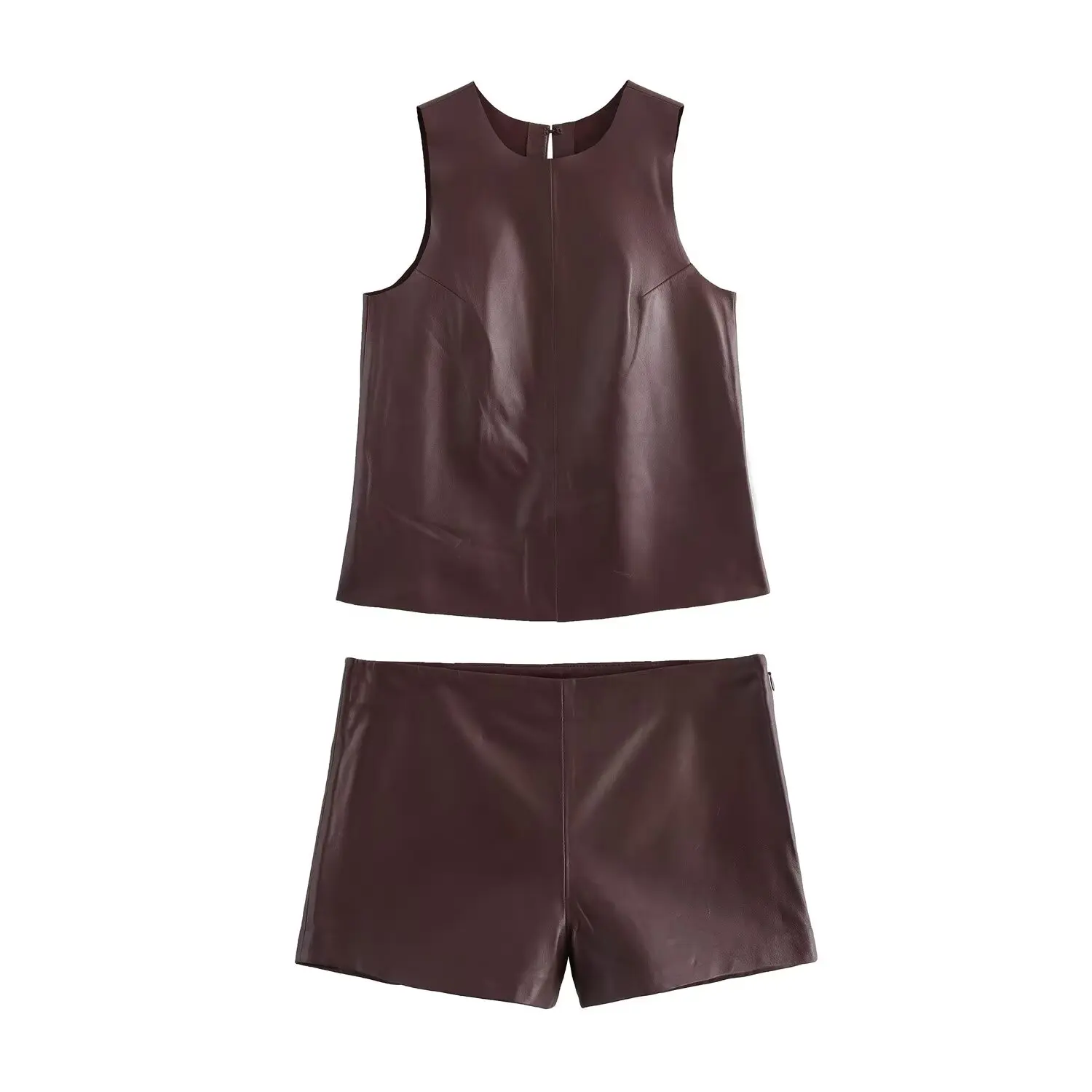 thumbnail image 1 of HH TRAF Conjuntos de mujer de verano con cuello redondo, sin mangas, de cuero, top sencillo y pantalones cortos con cremallera lateral elástica y cintura alta para mujer, 1 of 5