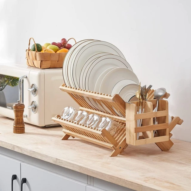 Bamboo Dish Drying Rack Utensil Holder Collapsible Wooden Dish Drainer Rack  2-Tier Folding Drying Holder for Kitchen Counter - AliExpress