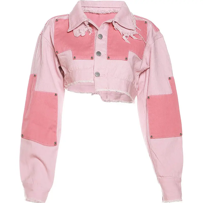 Denim Suit Contrast Color Raw Edge American Street Hot Girl Cool Hipster Single-Breasted Jacket+Peach Hip Skirts Pocket Matching