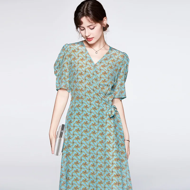 

Women's Silk Floral Printed Office Formal Casual Dresses Plus Large Size Spring Summer Sexy Femme Green Flower V Neck
