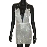 Sparkly Rhineatone Backless Mini Dress Women Sleeveless Deep V Neck Metal Chains Halter Dress Party Club Evening Dresses - Image 5