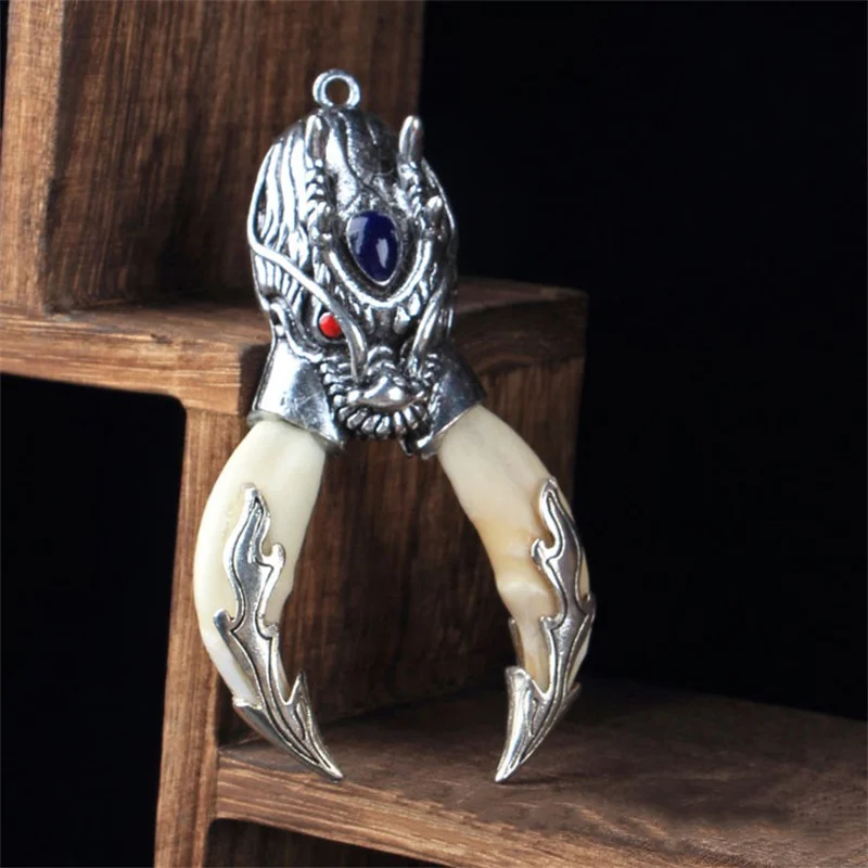 

Jiale/ Old Tibetan Silver Inlay Dog Tooth Dragon Necklace Pendant Fashion Jewelry To Ward Off Evil Spirits Men Women Couple Gift