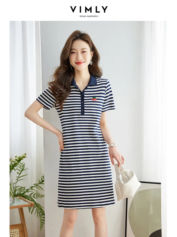 

Vimly Preppy Style Classic Striped Polo Dress for Women 2023 Simple Contrast ColorStraight Loose T Shirt Short Mini Summer Dress