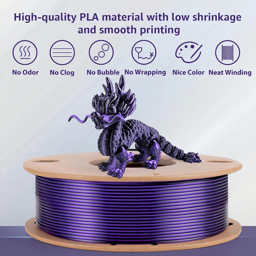실크 PLA 필라멘트 1.75mm, 블랙 퍼플 듀얼 컬러, 2-in-1 공압출, ±0.03mm 정확도, 200g/250g/500g/1000g