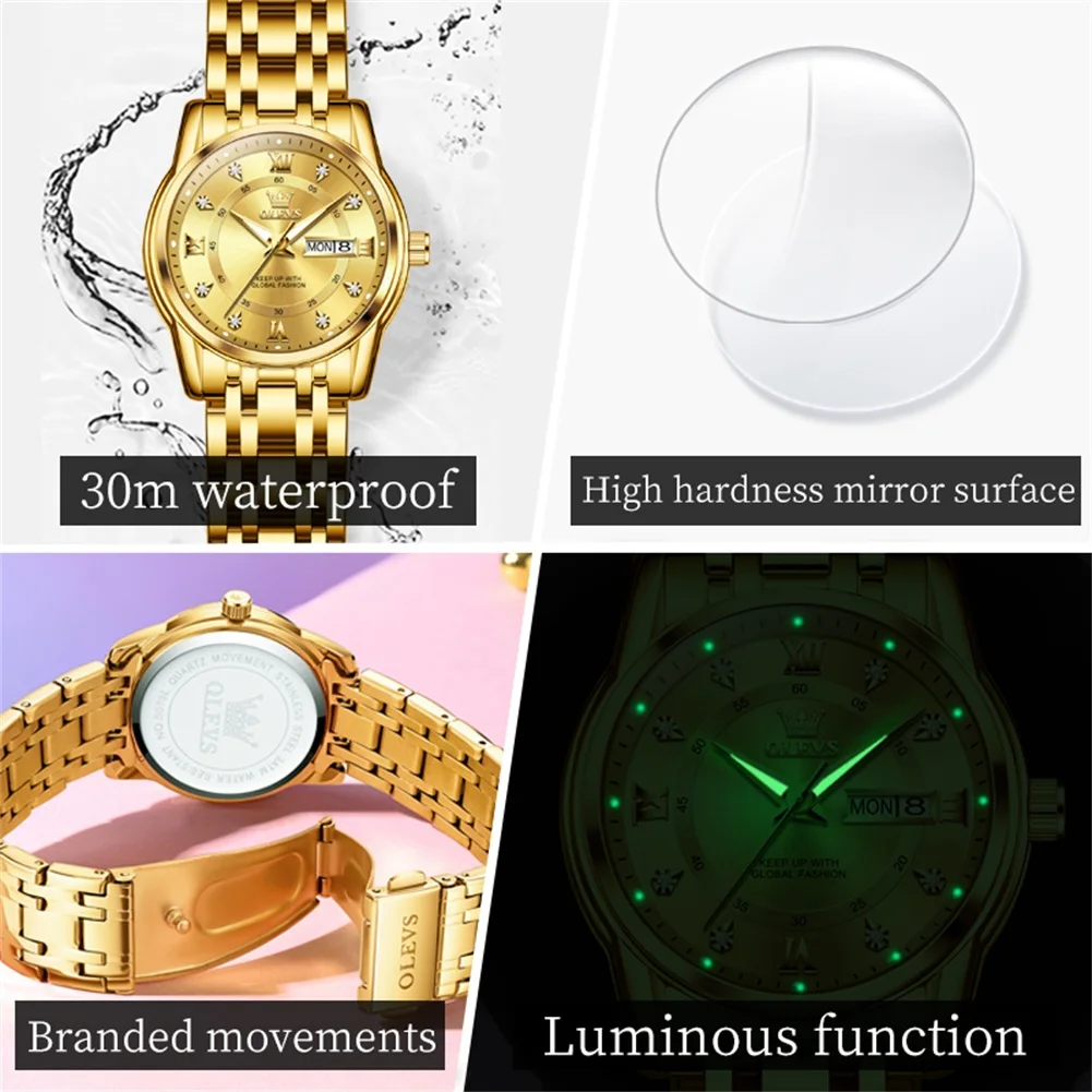 OLEVS Brand New Fashion Gold Quartz Watches Women Luxury Stainless Steel Waterproof Luminous Women Dress Watch Relogio Feminino
