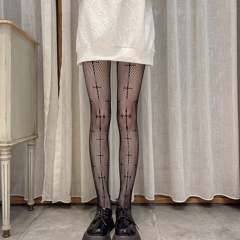 Cross Print Club Tights Women Sexy Mesh Pantyhose Fishnet Nylon Fantasy Body Stockings Black Long Gothic Lolita Girls High Socks S8af20e3c8600477db997fdc92bfd936dw