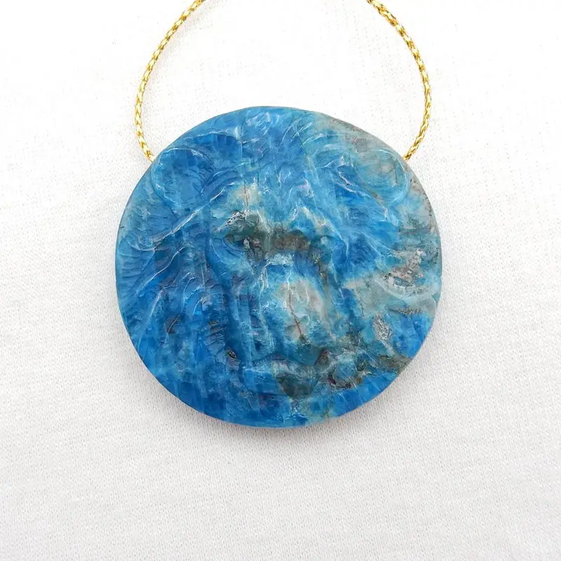 Natural Stone Blue Apatite Crystal Carved Lion Head Pendant Bead 46x9mm 40g Fashion Jewelry Necklace Accessories