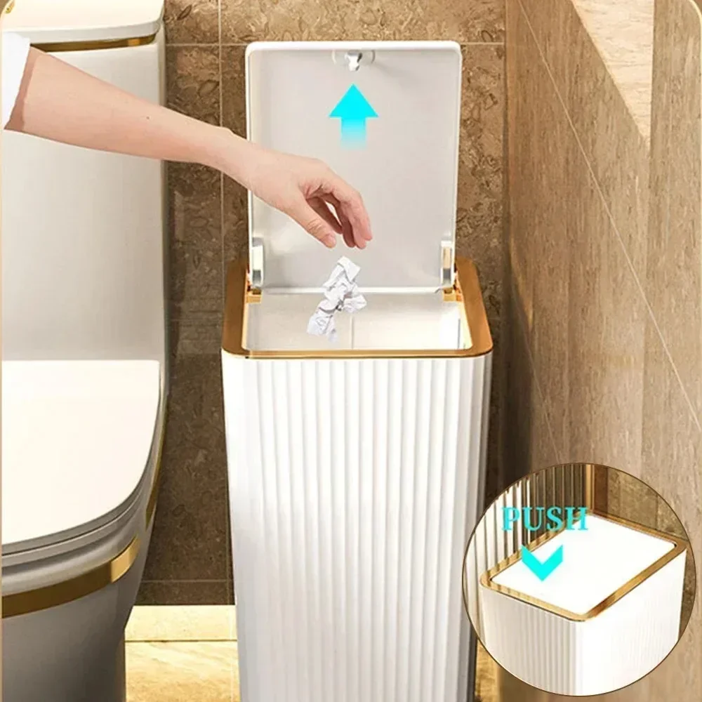 Nordic Gold Bathroom Trash Can Covered Slim Trash Can with One-Touch Lid for Bathroom Toilet Living Room Kitchen Bedroom 15L