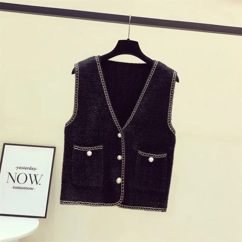 Autumn Winter New Women\'s Mink Velvet Knitted Vest Fashion Elegant V-Neck Button Pockets Versatile Loose Commute Coats Tops