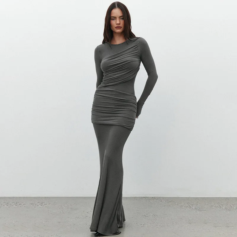 Fashion Mesh Patchwork Maxi Dress Women's Pleated Skinny High Waist Slim See-Through Solid Party Dress Female Long Dress