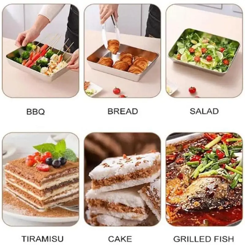 Stainless Steel Square Plate With Lid Food Grade Thickened Metal Plate Small Square Baking Dish For Oven Kitchen Supplies