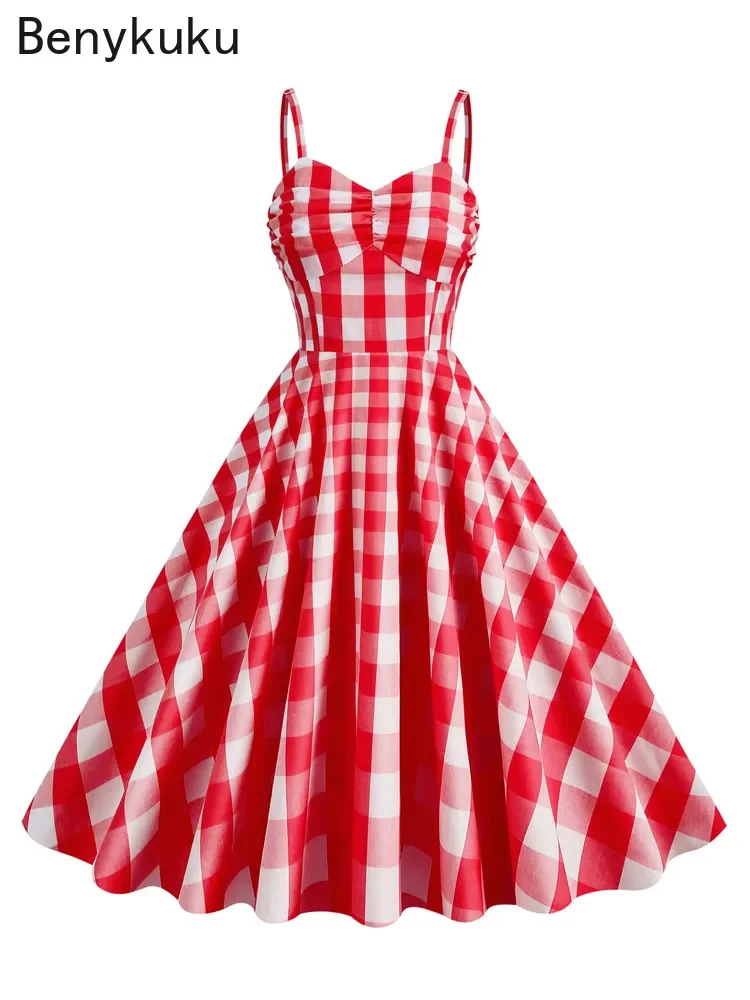 

Red Gingham Spaghetti Strap Ruched Front Long Dress Summer Dresses for Women Plaid Birthday Party Vintage Retro Swing Dress