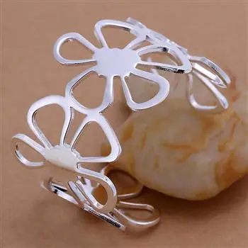 Silver Color Open Bangles Composed Of Four Flowers 5 Petals Adjustable Size Artistic Design Cuff Bracelet Silver Plated Jewelry 4