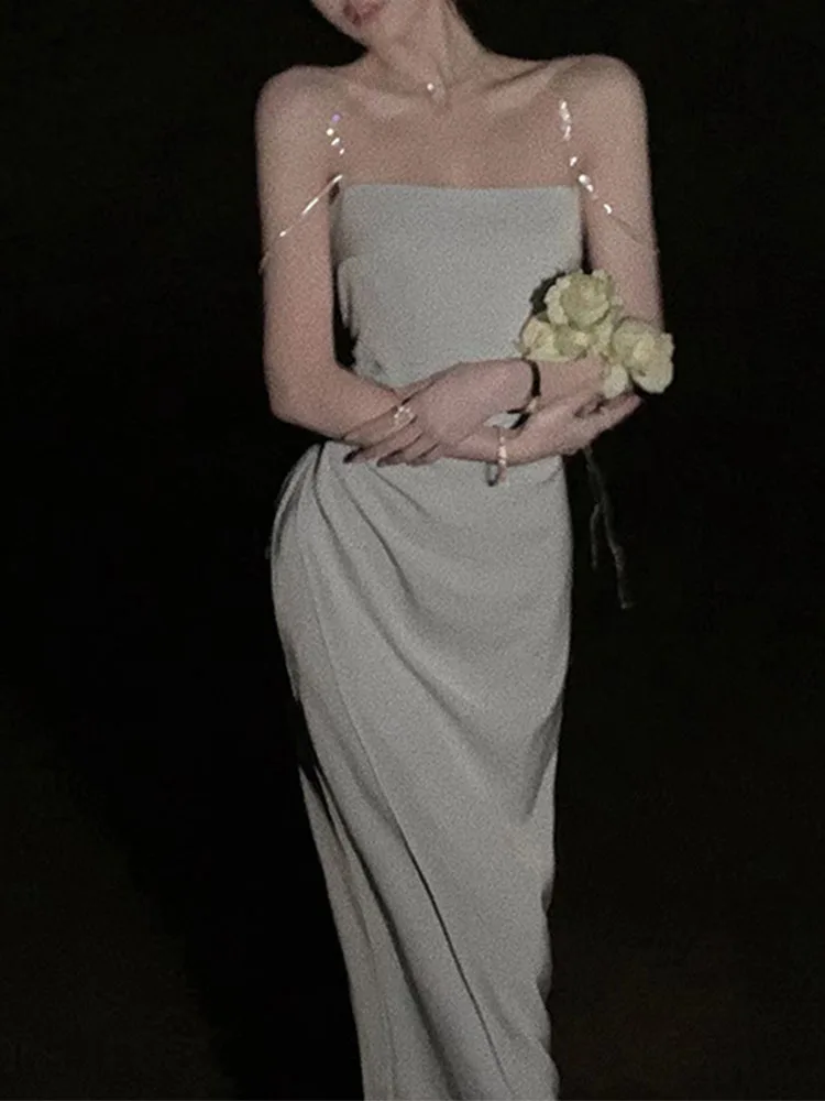 

Платье женское атласное средней длины, модное облегающее однотонное платье во французском стиле без рукавов, со складками, весна-лето 2023