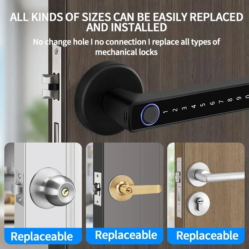 Tuya BLE 디지털 지문 문짝 잠금 장치, 60mm, 70mm 래치 키가 있는 전자 잠금 장치, Smartlife/Tuya 앱 원격 잠금 해제