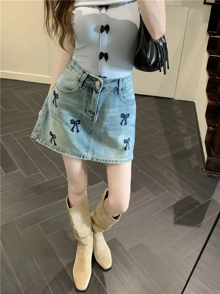 Denim Skirt Bow Embroidered American Street Plus Size Retro Women Summer Niche Design Sense High Waist Slim A-Word Skirt Tide
