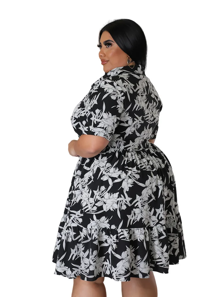 Wmstar Plus Size Dresses for Women Flower Print Big Hem Cute Elegant Birthday Midi Dress Loose Clothes Wholesale Dropshipping