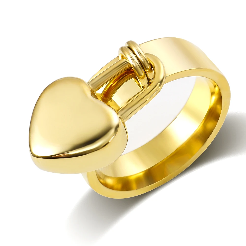 Trendy Stainless Steel Gold Color Love Heart Lock Pendant Ring for