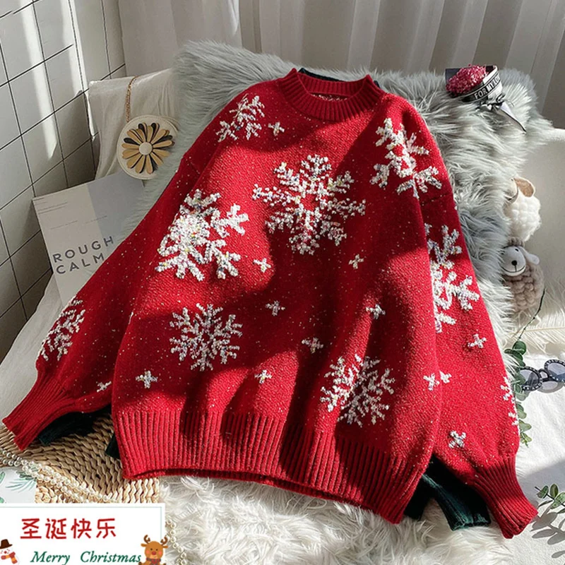 

Женский свитер в стиле ретро EBAIHUI, новый красный Рождественский вязаный свитер для женщин, Осень-зима, прямой пуловер с круглым вырезом и длинным рукавом, пальто