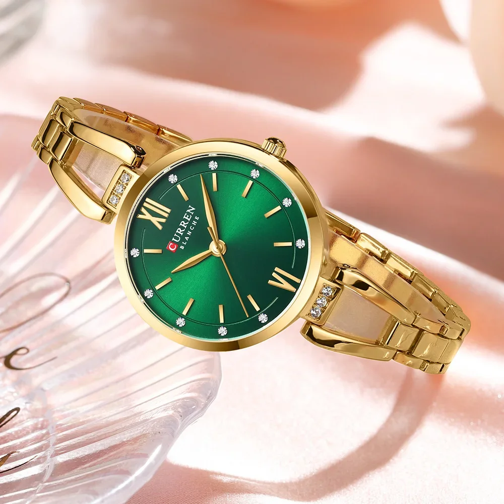CURREN Luxury Elegance Ladies Watch with Sparkling Rhinestones Simple Quartz Stainless Steel Bracelet Wristwatch 6