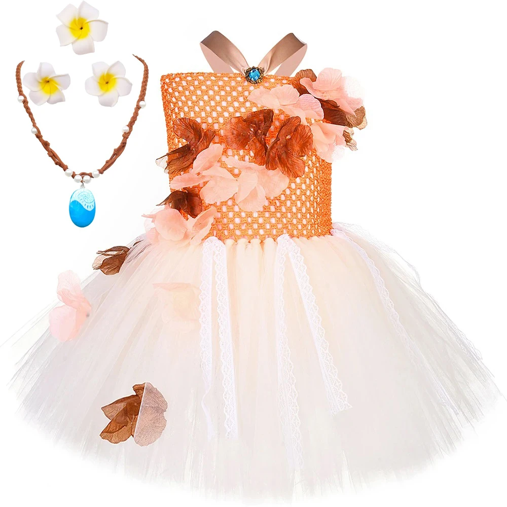 

Moanna Princess Dresses for Girls Christmas Halloween Costumes for Kids Birthday Ballet Tutu Outfit with Flowers Ring Necklace