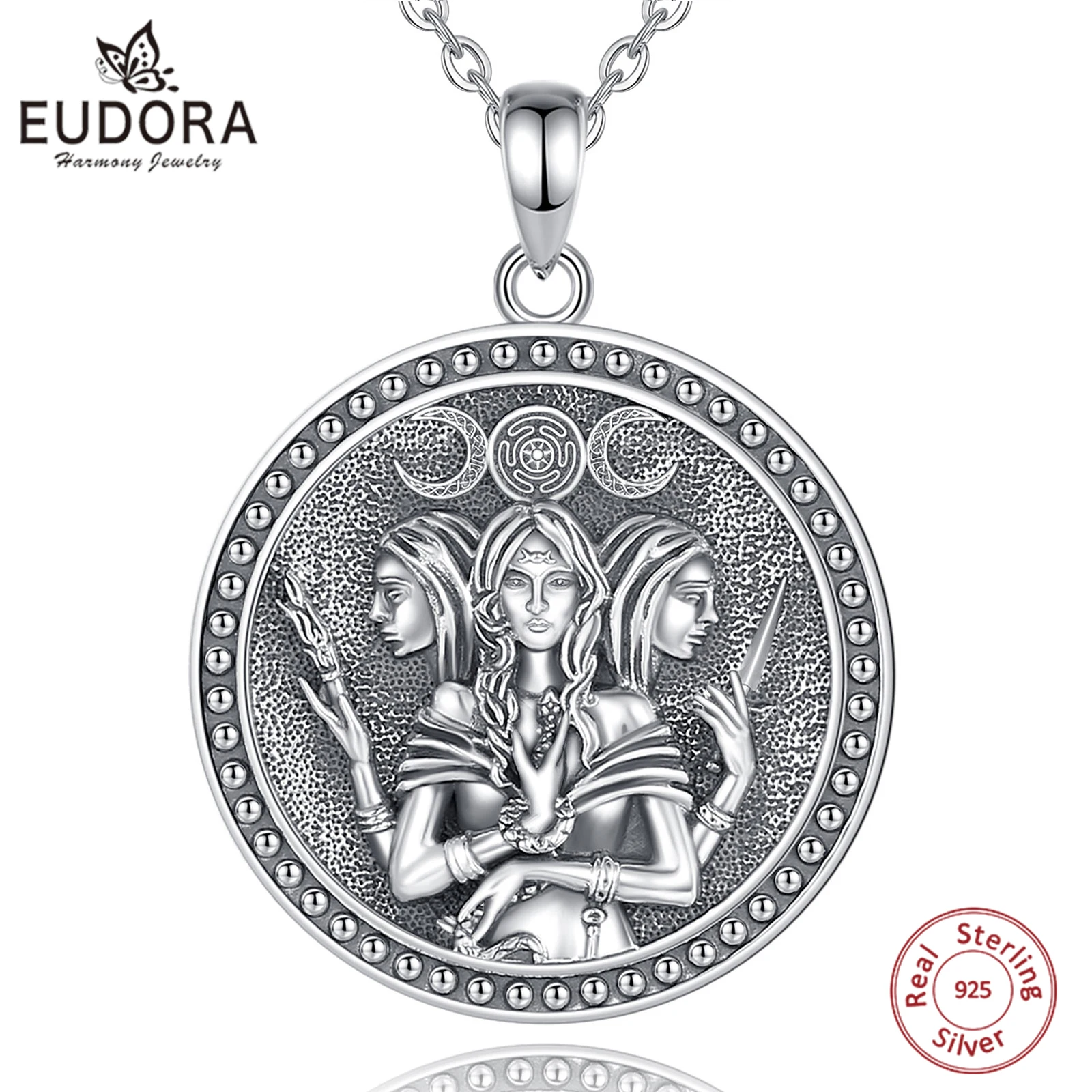 

Eudora 925 Sterling Silver Triple Moon Goddess Necklace Vintage Hecate Amulet Pendant Wiccan Jewelry Personality Gift for Women