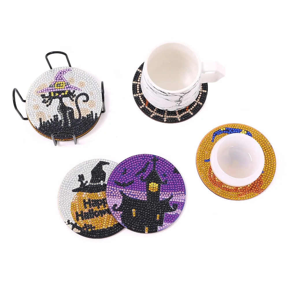 6Pcs New Diamond Painting Coasters Kits with Holder 3.94 Inch Diamond Dot  Coasters High Quality Halloween Theme